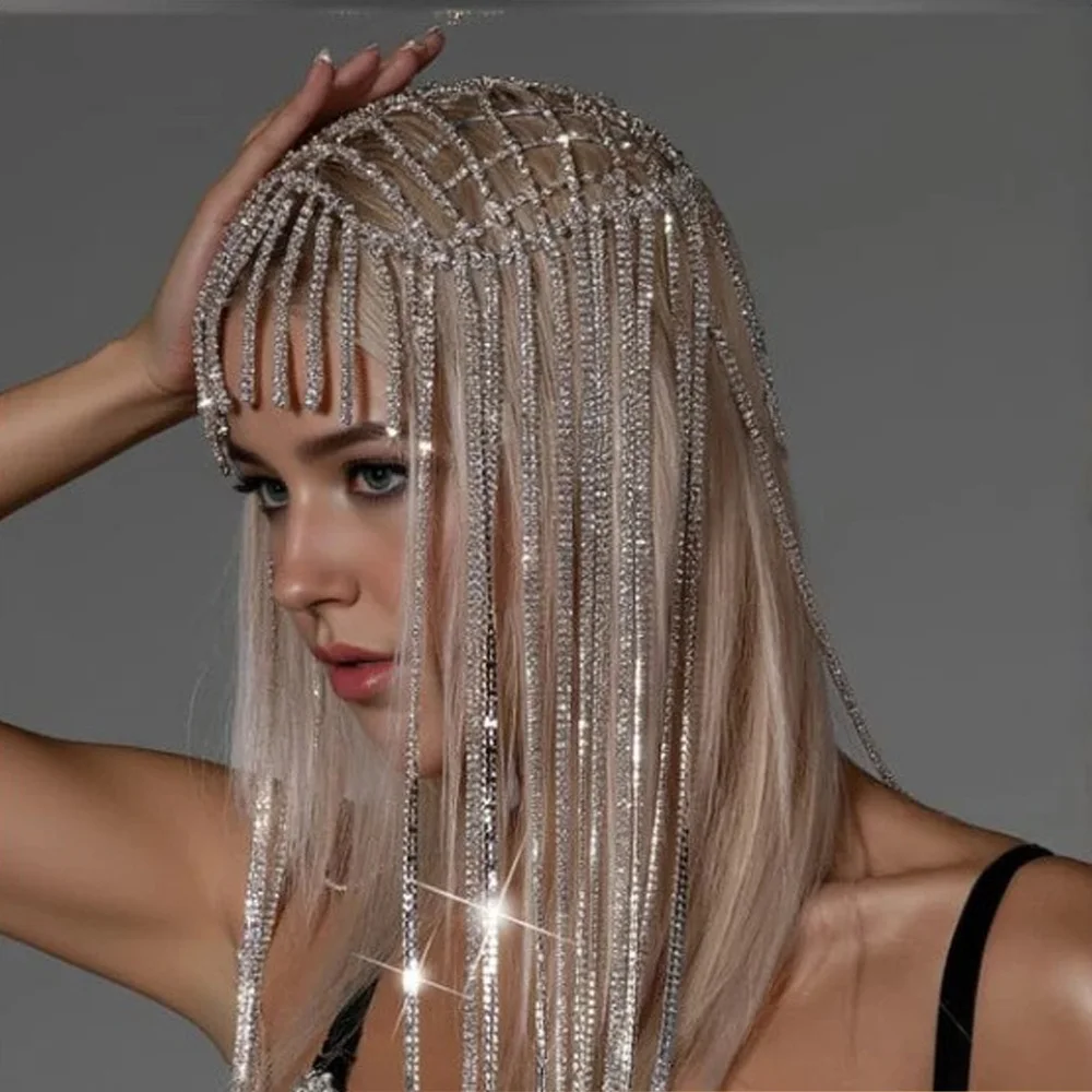 

Long Tassel Head Chain Tiara Women Wedding Bohemian Shiny Dainty Fashion Rhinestone Headpiece Costume Mesh Wig Gift
