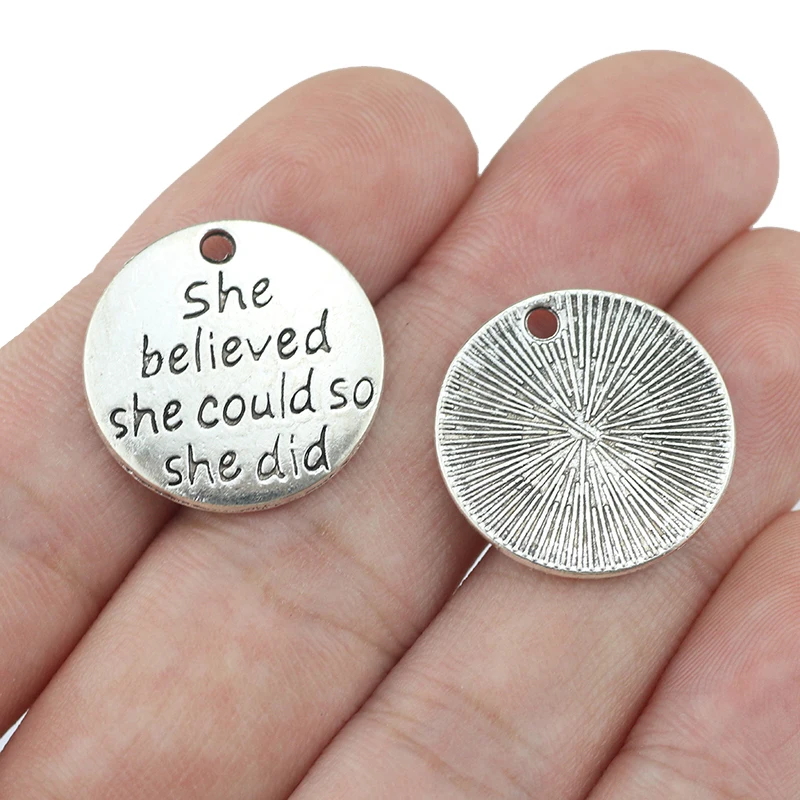 20 Pieces/lot Diameter 22mm Antique Silver Plated She Believed She Could So She Did Round Disc Charm Pendant