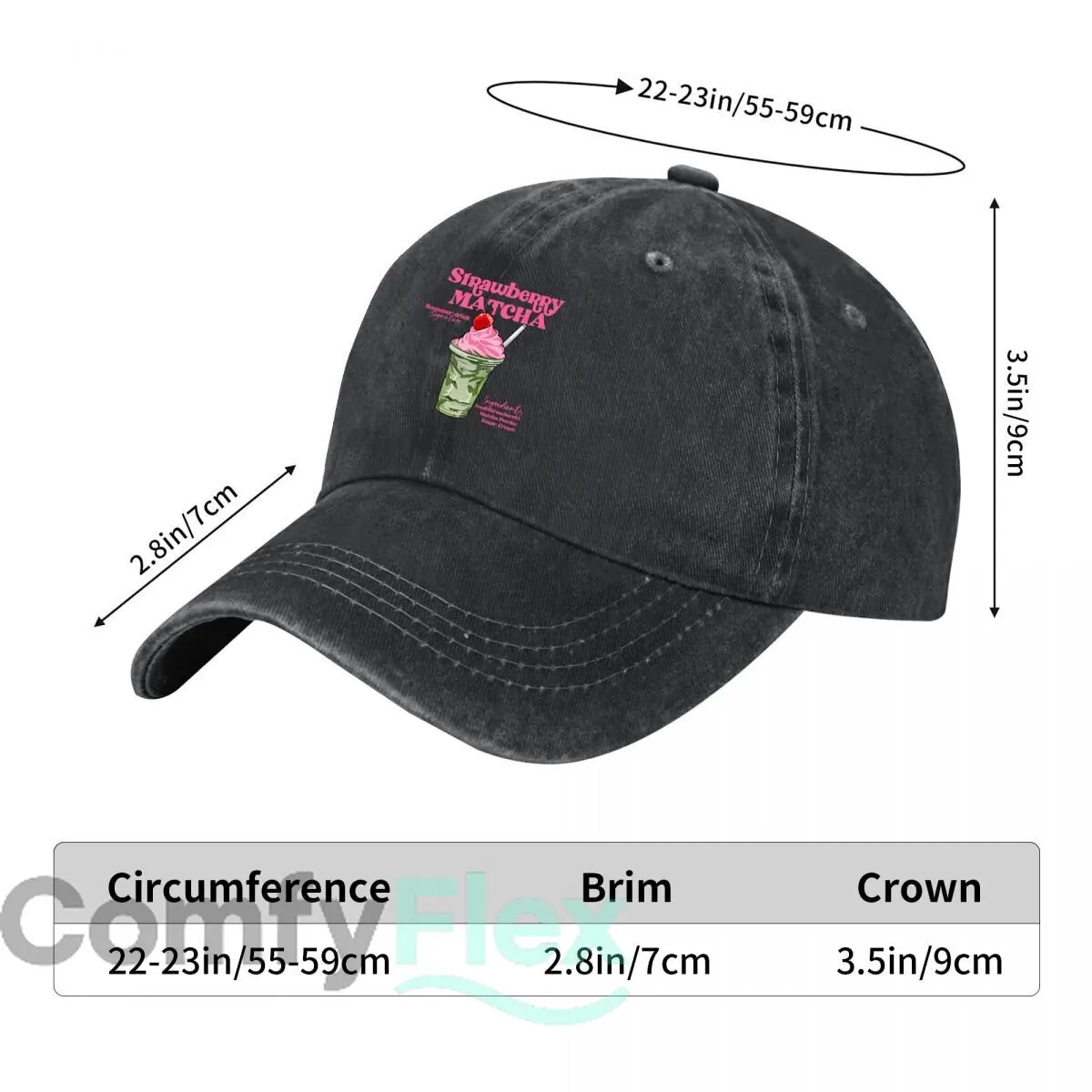Strawberry Matcha Summer Drink Signature Fresh Strawberries Matcha Powder Sugar Cream Washed Cotton Baseball Cap Sun Hats