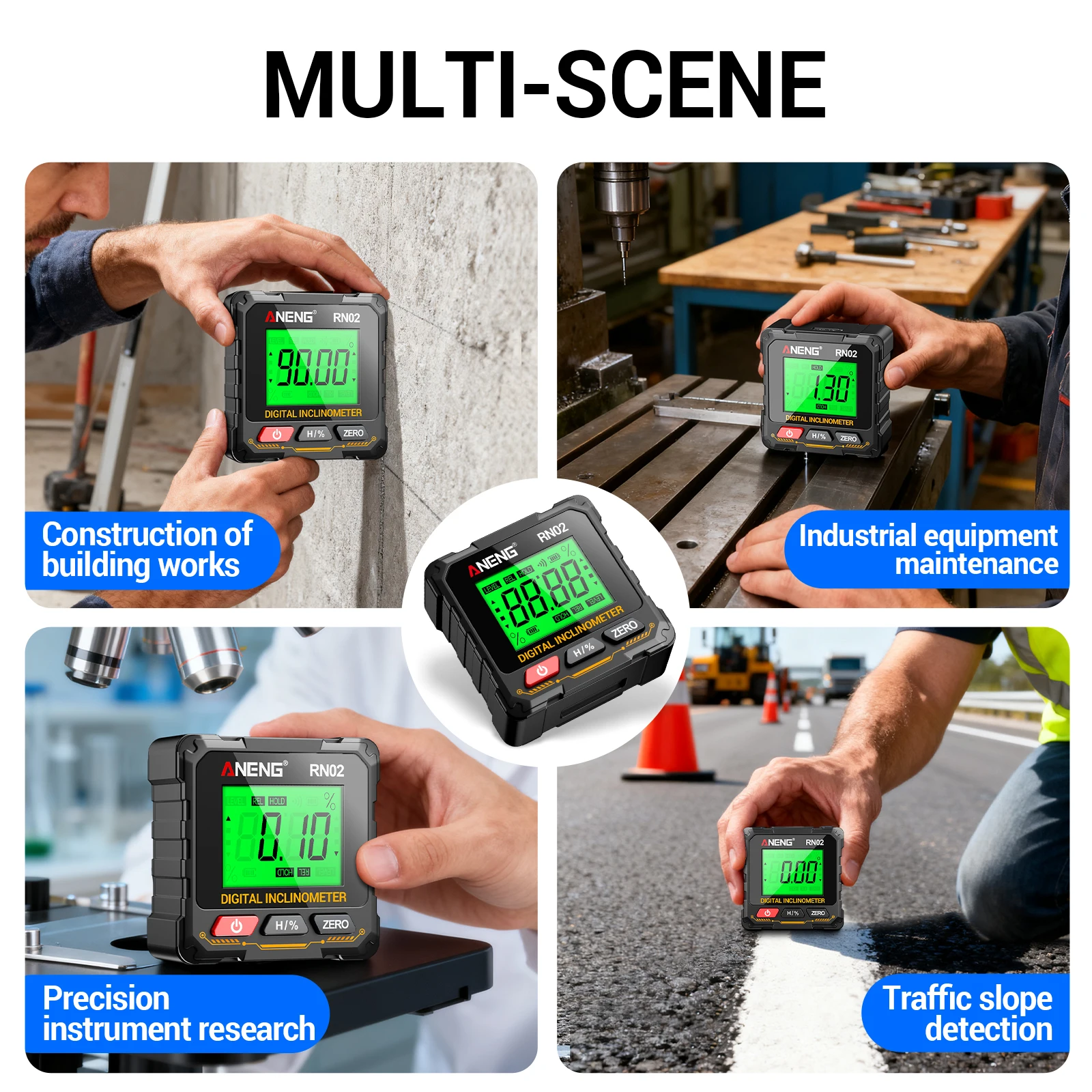 ANENG RN02/RN03 Digital Inclinometer 0.05°4 Sides Magnetic Backlit LCD Auto Flip Data Hold Calibration Rechargeable Angle Meter