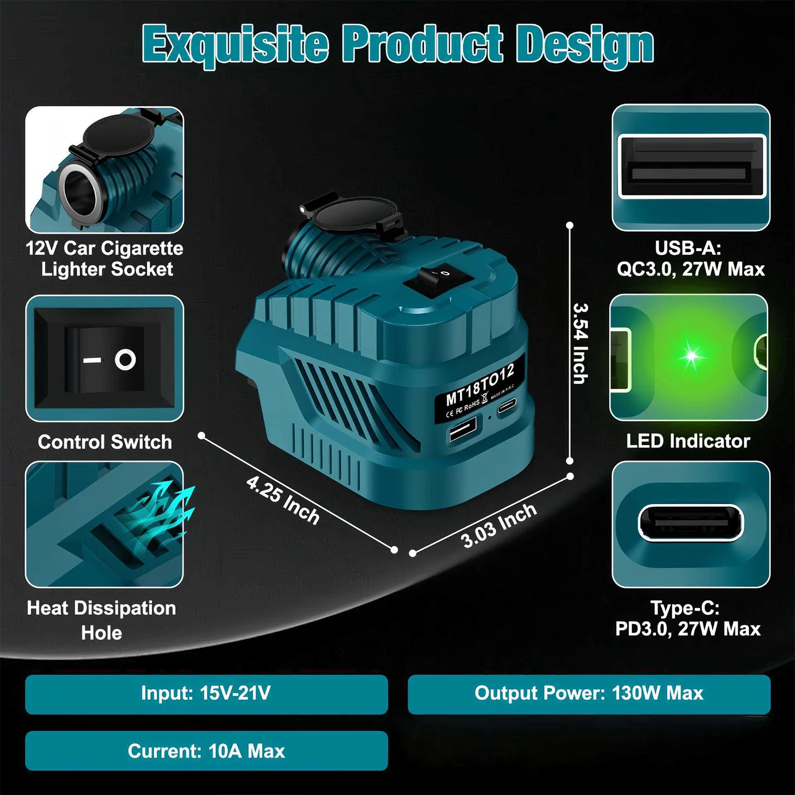 Step Down Converter 18V/20V To 12V Power Supply Adapters USB/TYPE-C Lithium Battery Power Adapter Powering for Vehicle Devices