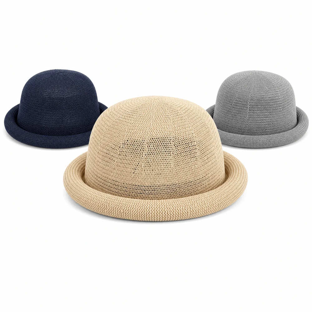 New Raffia Weave Straw Sun Hat Round Top Short Brim Sun Visor Hat Sun Protection Casual Straw Hat Beach Vacation