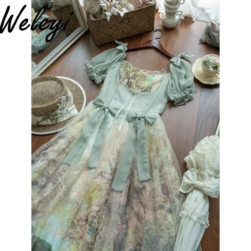 

Original Lolita Oil Painting Print Mid-length Dress for Women 2024 Summer New Elegant Short Sleeve V Waist Bow Dresses Feminino