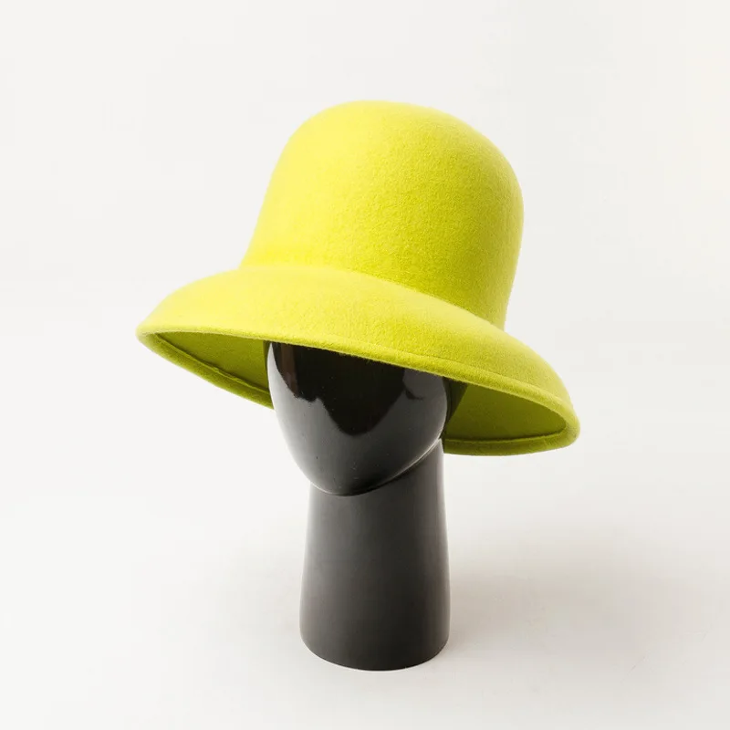 Autumn Winter New Hepburn Style Round Top Rolled Wide Brim Fine Wool Fashionable Concave Shape Warm Felt Hat