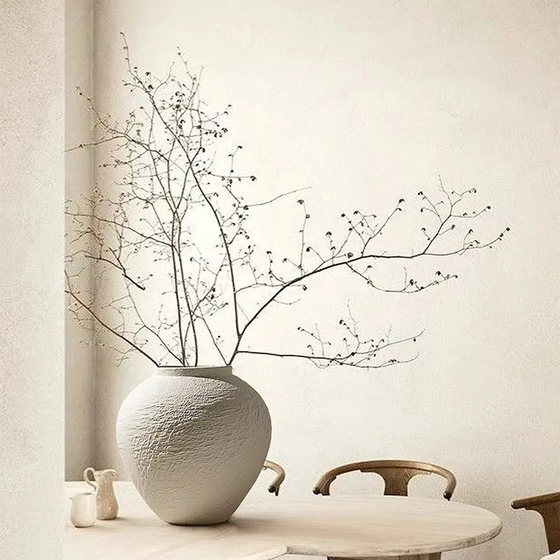 Wabi Sabi Ceramic Vase, Natural Travertine & Pottery Jar, Minimalist Dried Flower Arrangement Pot for Hotel and Home Table Decor