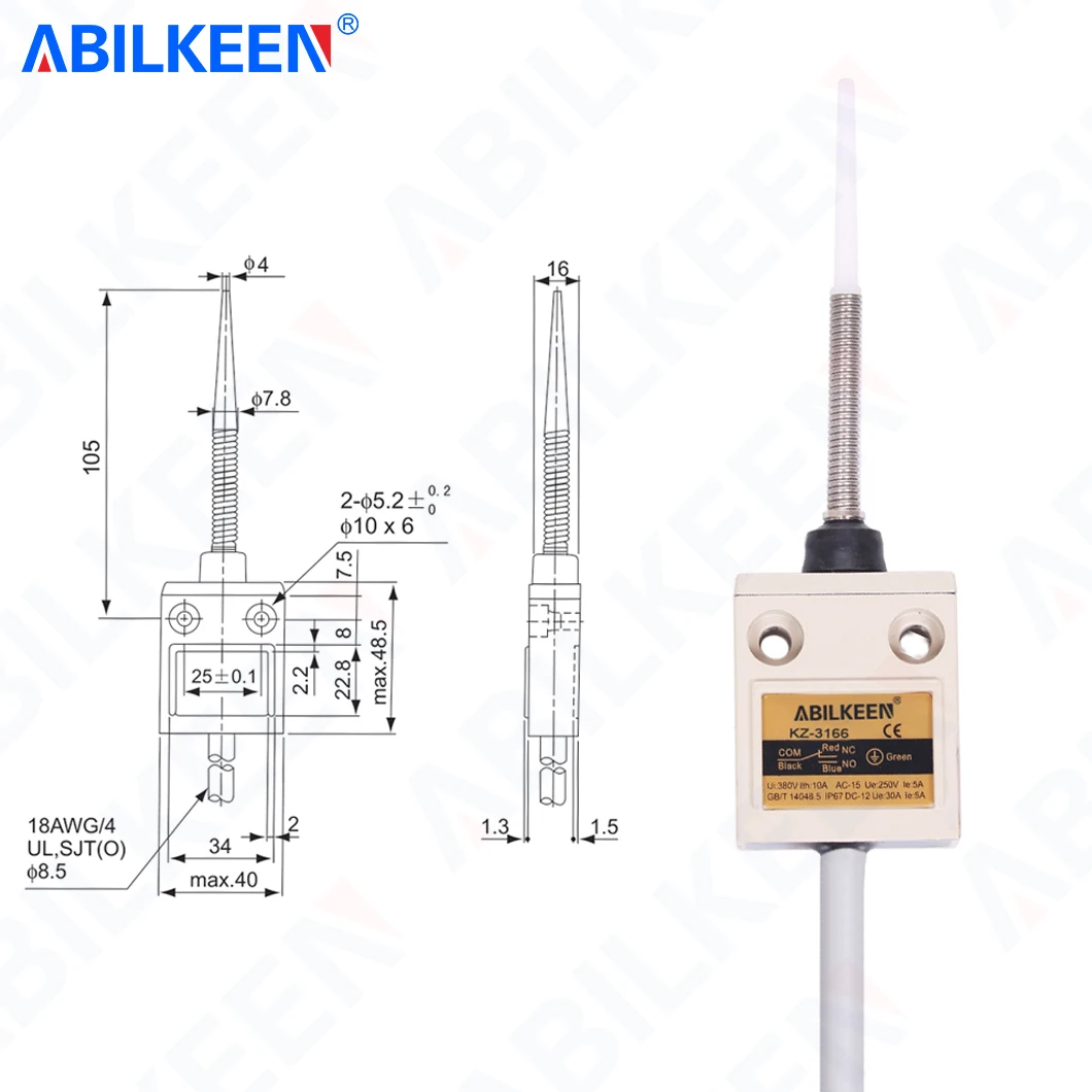 ABILKEEN KZ-3166 Plastic end Spring Rod Limit Travel Switch 1NO+1NC Terminal 250VAC 5A IP68 Momentary Limit Switch for CNC Mill