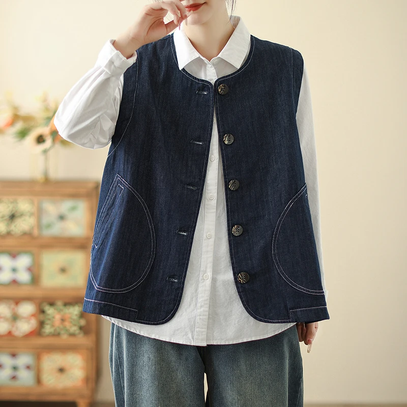 Spring Summer New Sle Women's Casual Svel Vest Jaet Retro Button up Versatile Top Cotton 00% Commute Sle