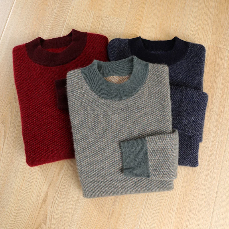 Sweater dasar pria berbahan kasmir 100% murni, merek kelas atas, kerah semi tinggi, tebal, kasual bisnis, untuk musim gugur dan musim dingin, kerah sedang-tinggi.