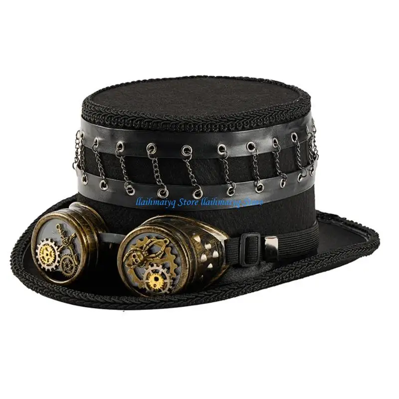 

573B Vintage Goggles Attached Felts Top Hat Halloween Steampunk Zylinder Hat For Vintage Themed Parties And Photography