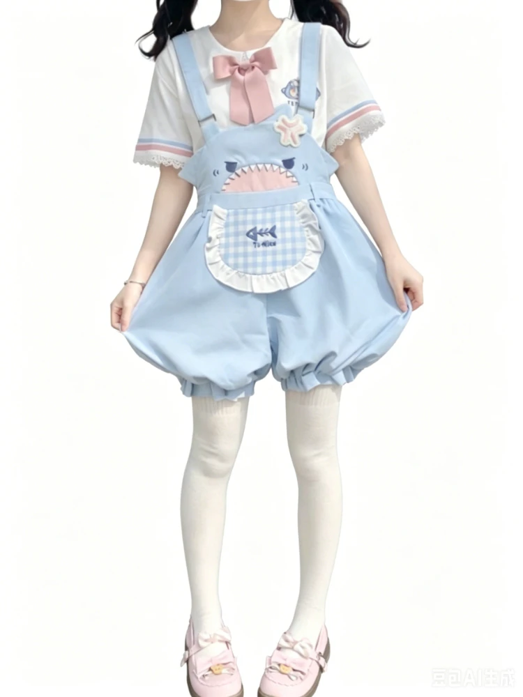 Sweet Lolita Kawaii Blue White Pink 2 Piece Set Lace Ruffle Bow Plaid Pocket Shark Bloomers Overalls For Teen Girls Daily Wear view 6