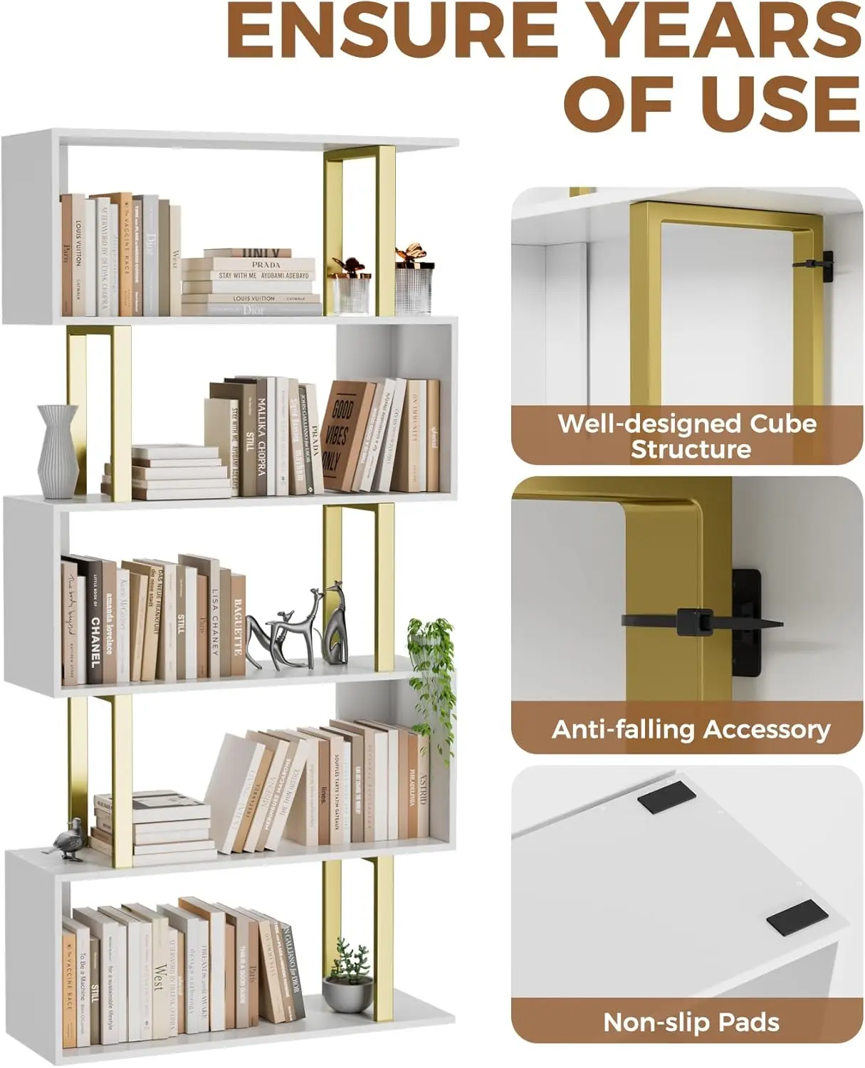 Gadroad-Bibliothèque Géométrique en Forme de S à 5 Niveaux, Étagères de Rangement Décoratives en Bois, Présentoirs Autoportants Modernes