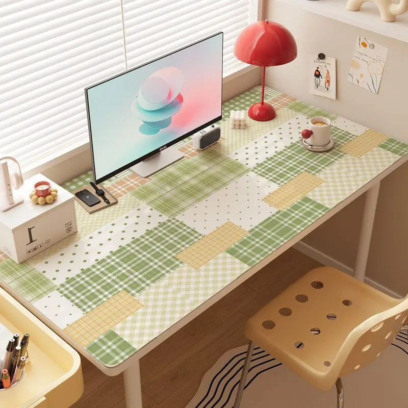 Retro Red Grid Stripe Polka Dots Bow Colorful Leather Desk Pad Protector Mouse Pad Office Desk Mat Non-Slip PU Desk Blotter Pad