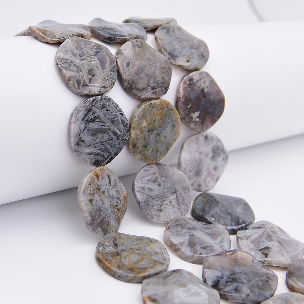 APDGG Large Size 40mm Natural Bamboo Leaf Agate Wavy Coin Chunky Loose Beads 15.5'' Strand Jewelry Making DIY