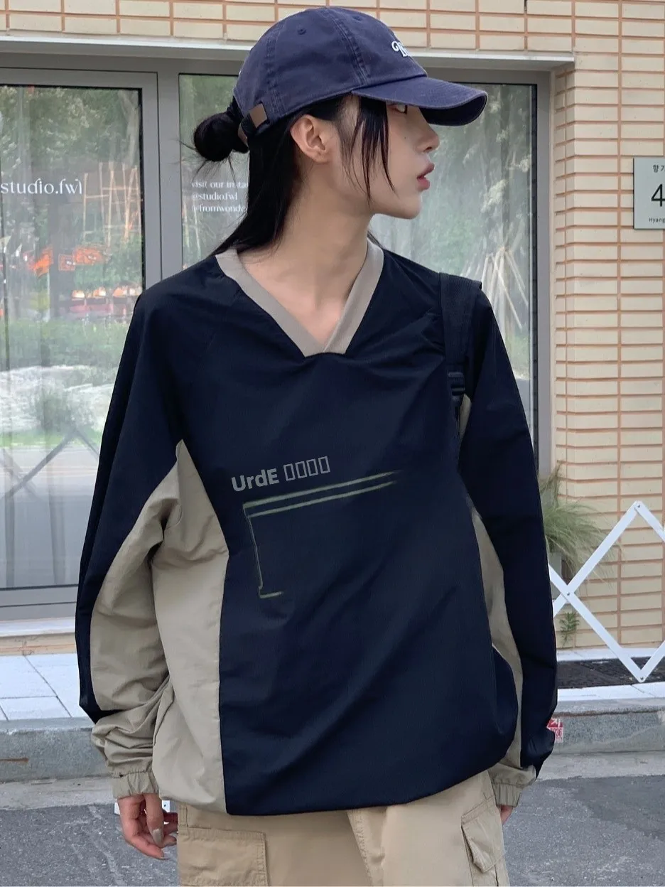 

Новая женская толстовка в стиле американского ретро из нейлона с V-образным вырезом и принтом, весна-осень 2025, для уличного стиля