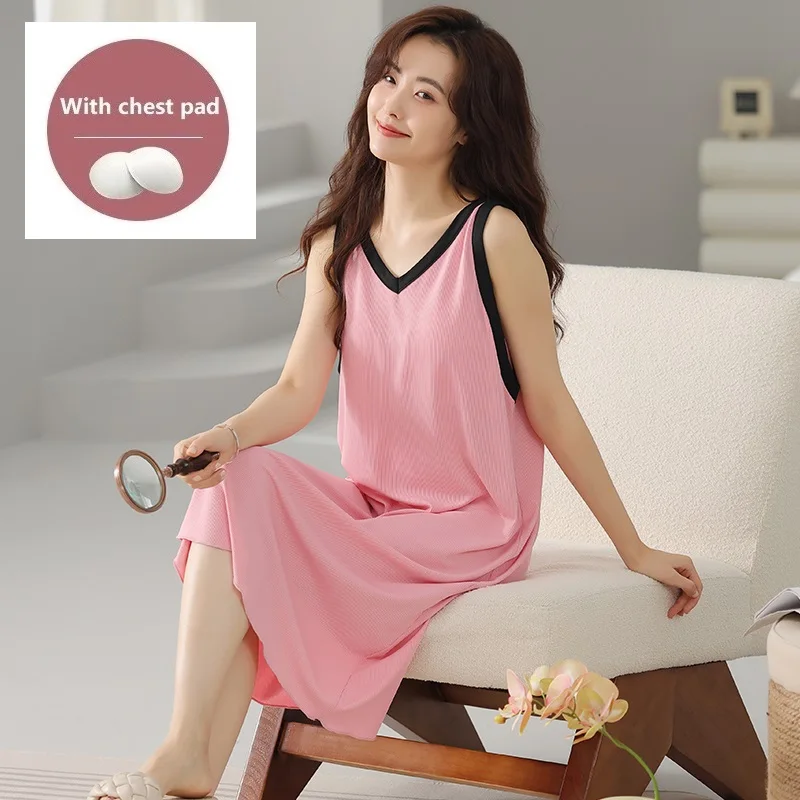 Women Nightgowns With Chest Pads Modal Night Dress Sexy Spaghetti Strap V Collar Casual Home Dress Night Shirt Solid Sleepwear