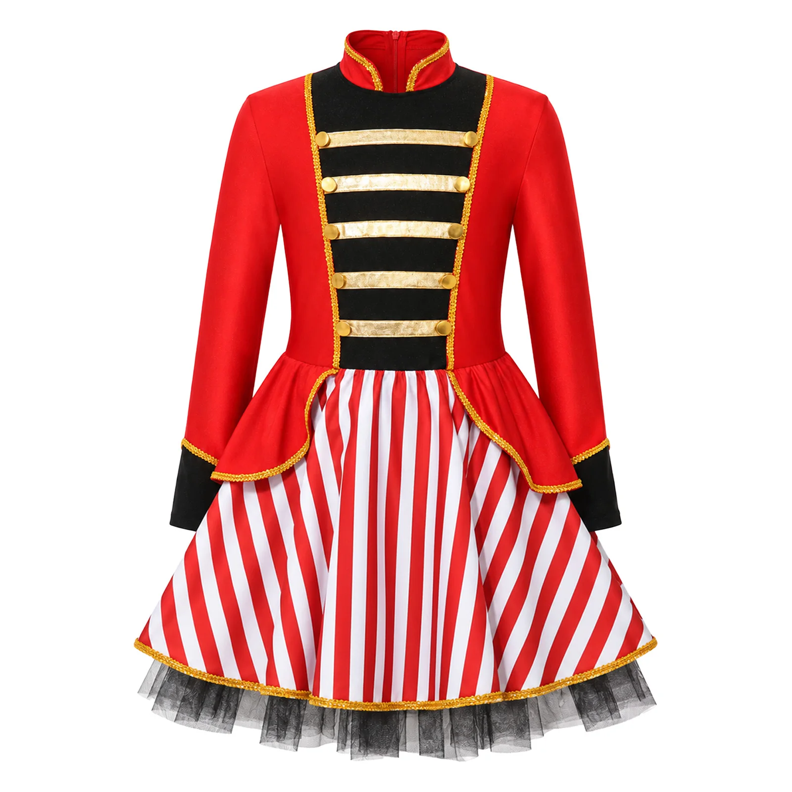 Disfraz de maestro de ceremonias de circo para niñas, con mangas largas, falda de tul a rayas, ideal para espectáculos escolares, presentaciones de talentos, Halloween y actuaciones en el escenario.