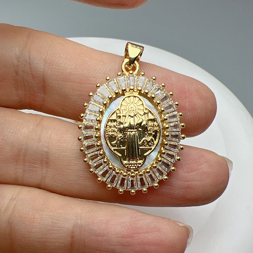 Metal Medal Zircon Sea Shell Saint Benedict Virgin Guadalupe Pendants Charms For Jewelry Making Women Classic Religious Necklace