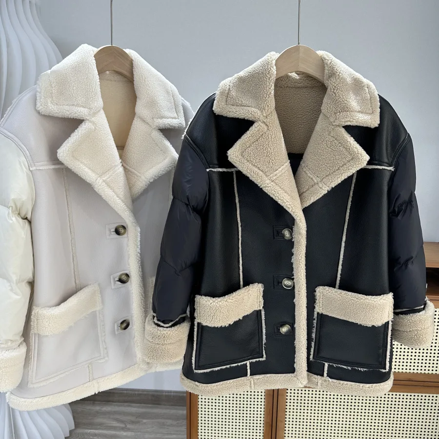 

2025 European Winter Women's Down Jacket Commuter Splicing Lamb Wool PU Leather Down Jacket