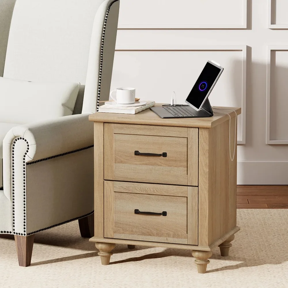 

Nightstands Oak End Table With Charging Station for Living Room Bedroom Wood Nightstand for Kids Room Bedside Table of Furniture