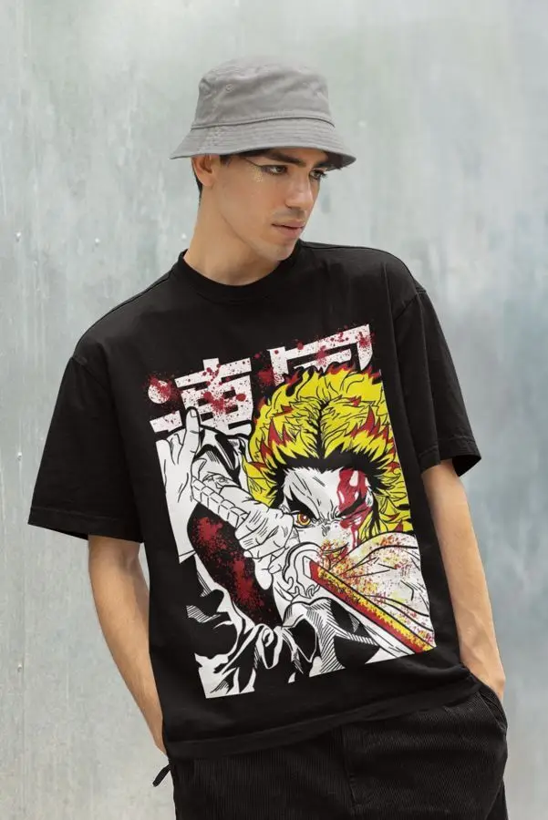 Kyojuro Rengoku T-Shirt Kimetsu no Yaiba Anime Demon Slayer Black Shirt All Size