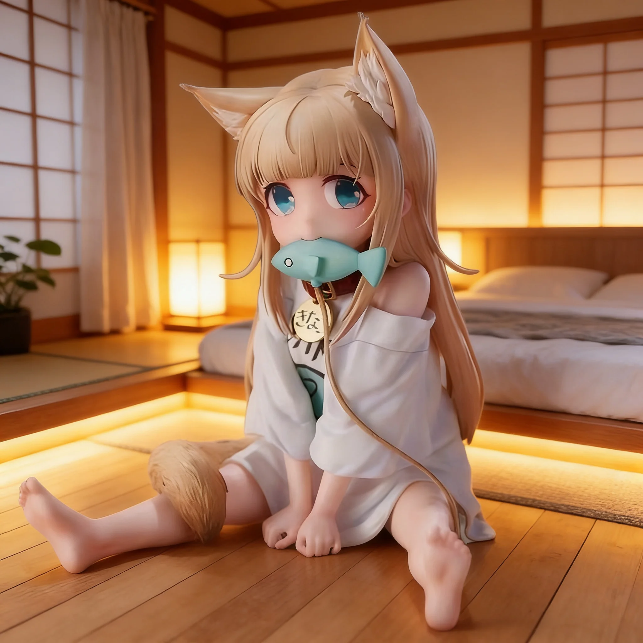 

Yellow Bean Powder Cat Girl Figurine Sitting Fish Model Cute Female Cat Decoration Home Decor Collectible Anime Model