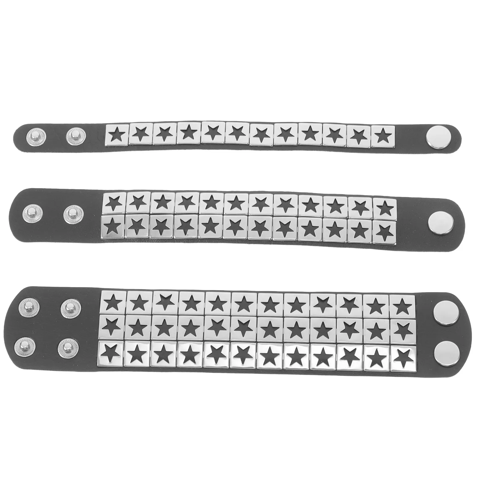 3Pcs Stylish Punk Bracelet Set Star Rivets Design PU Comfort Fit Adjustable Snap Closure for Couples Edgy Statement Wristband