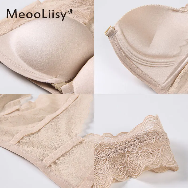 MeooLiisy Add Two Cup French Style Sexy Lace Push Up Women Bras Wire Free Brassiere Beauty Back Front Buckle Lady Lingerie