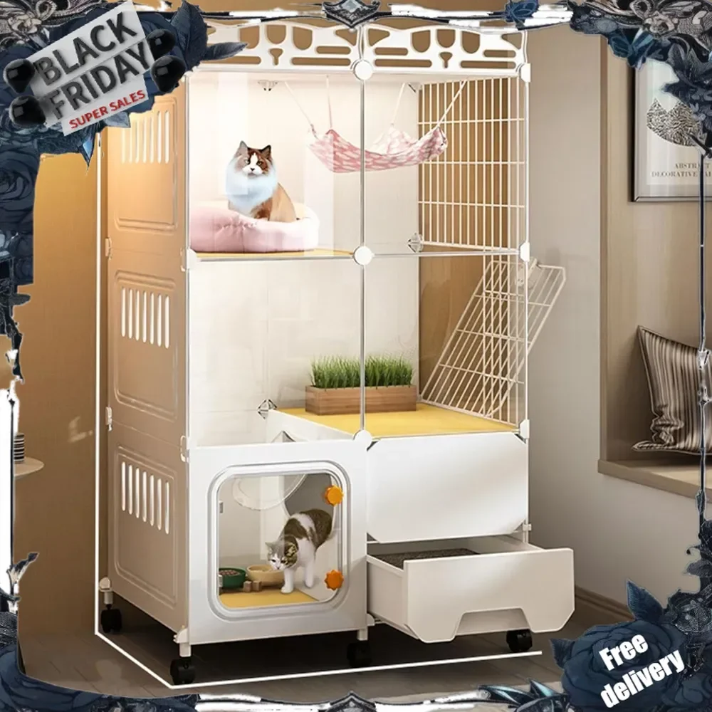 Cat Cage with Litter Box, 3-Tier DIY Enclosures, Large Playpen Detachable Cats Kennel, Indoor Catio for 1-2 Cats