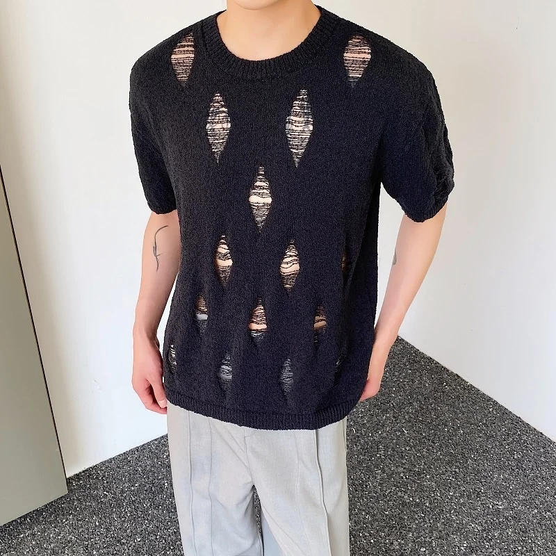 

Summer Korean Sle Simple Design Hole Punch ort Sve Knitted T-irt Men's round Ne Overhead Vintage f Sve Top