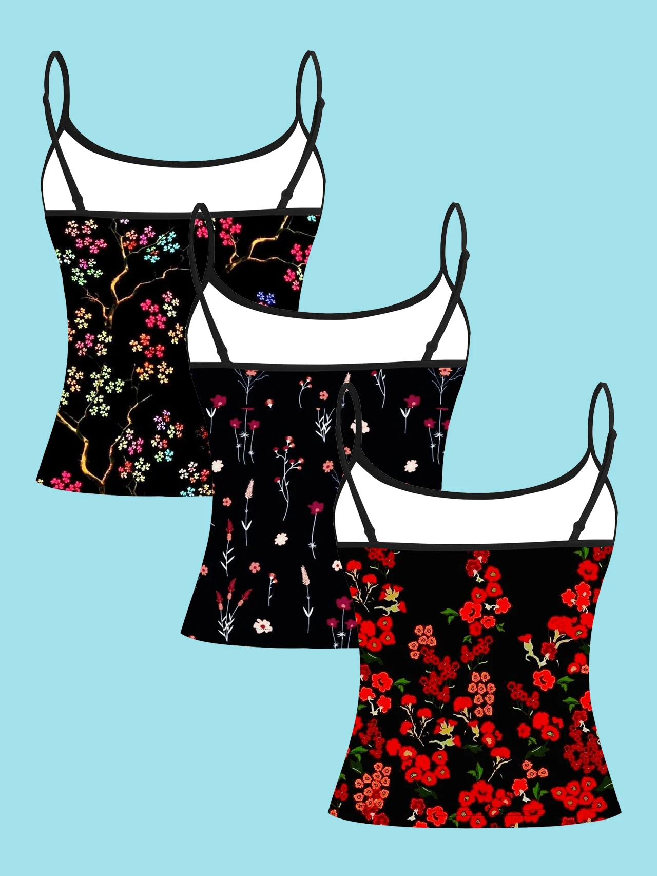 3-Piece Set: Black Base with Colorful Cherry Blossom Branch Floral Print Thin Camisole, Pink and White Wildflower Red Small Floral Slim-Fit Sleeveless Top, Fresh Retro Dark Floral Inner and Outer Wear Base Shirt