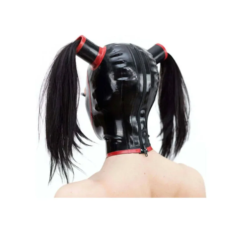 Latex kap sexy fetish zwart rubberen masker zwart met rood 2-haar ritssluiting cosplay halloween kostuums op maat gemaakt