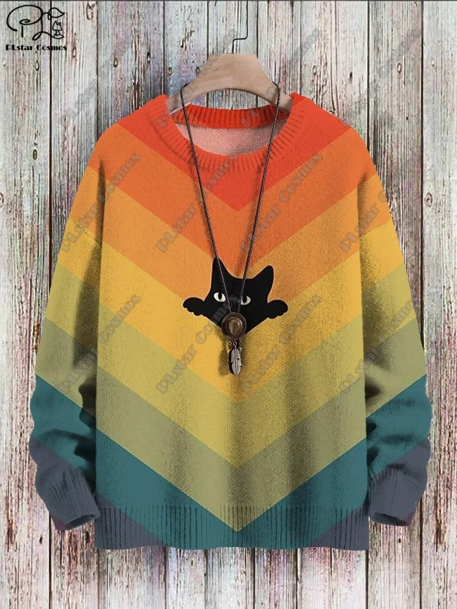 3D Printed Animal Series Retro Cute Cat Patterned Ugly Sweater Casual Unisex Winter Sweatshirt M-3