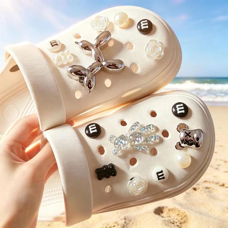 DIY Silver Dog Letter Resin Teddy Bear Shoe Charms Cute Furry Ball Holes Charms Designer All-match Shoe Accessories
