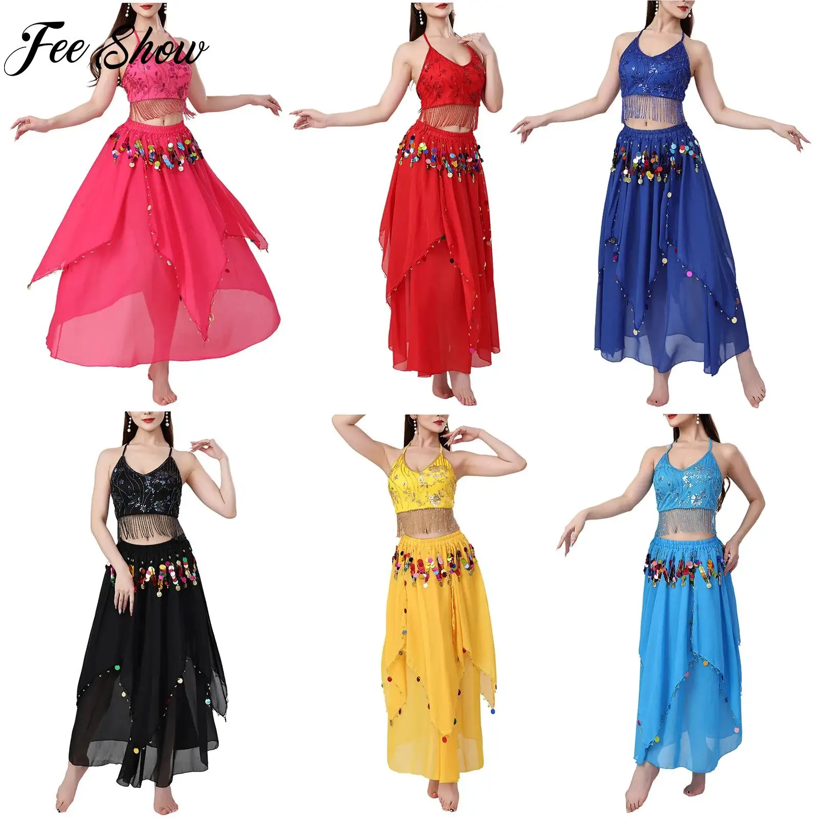 

2 Pcs Belly Dance Sequin Tassel Outfit for Womens Fringe Embroidered Lace-up Crop Top+Skirt Set for Performance Dancing Class