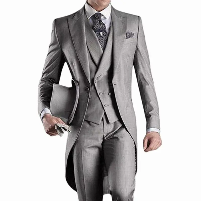 

Gray Wedding Men Suit 3 Piece Groom Tuxedo Long Blazer Best Man Formal Prom Male Suits Fashion Costume Homme (Jacket+Vest+Pants)