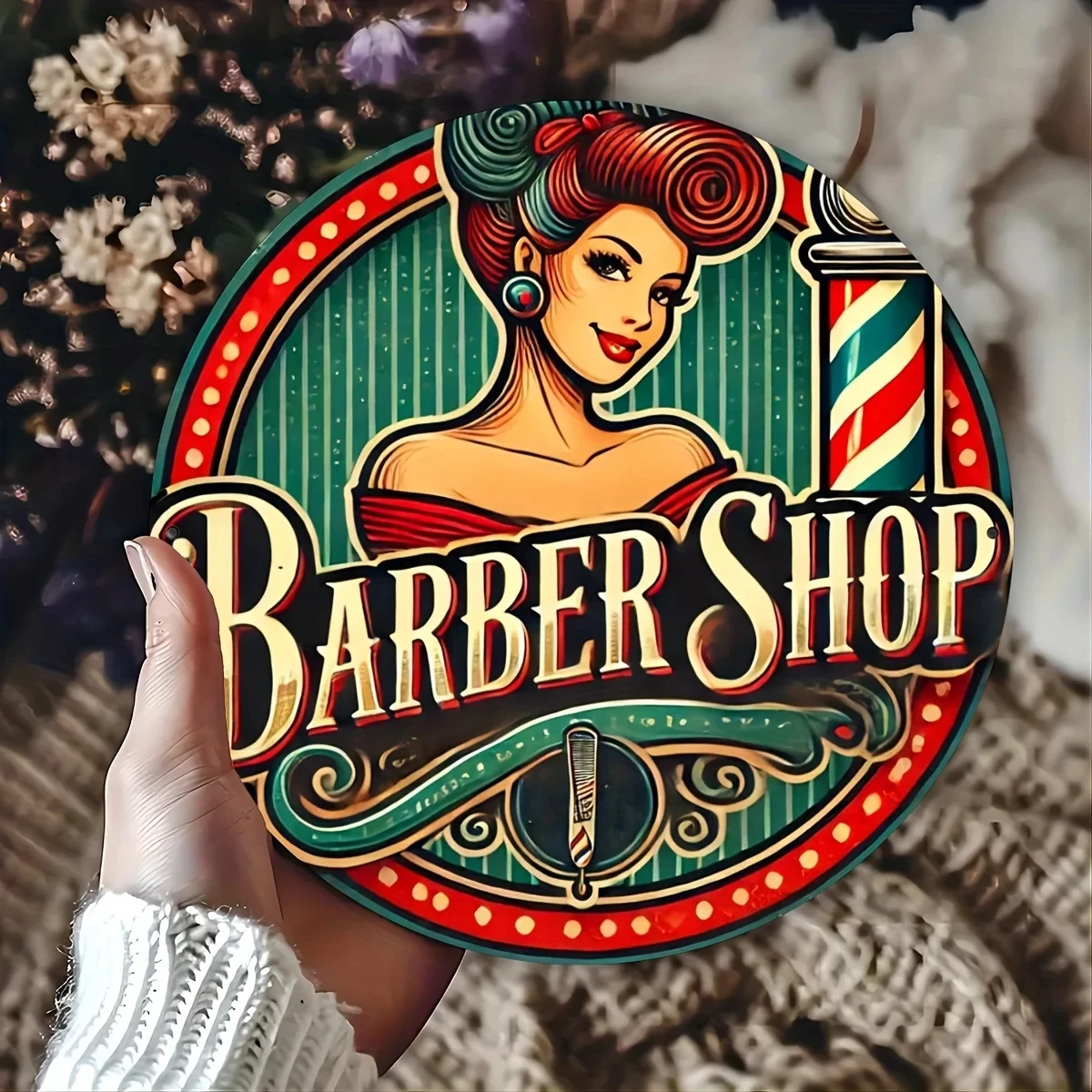 Vintage Barber Shop Aluminum Sign - 8x8inch Wreath Wall Art for Home, Cafe, Bar, Garage Decoration |   The Perfect Gift for Friends and Family.