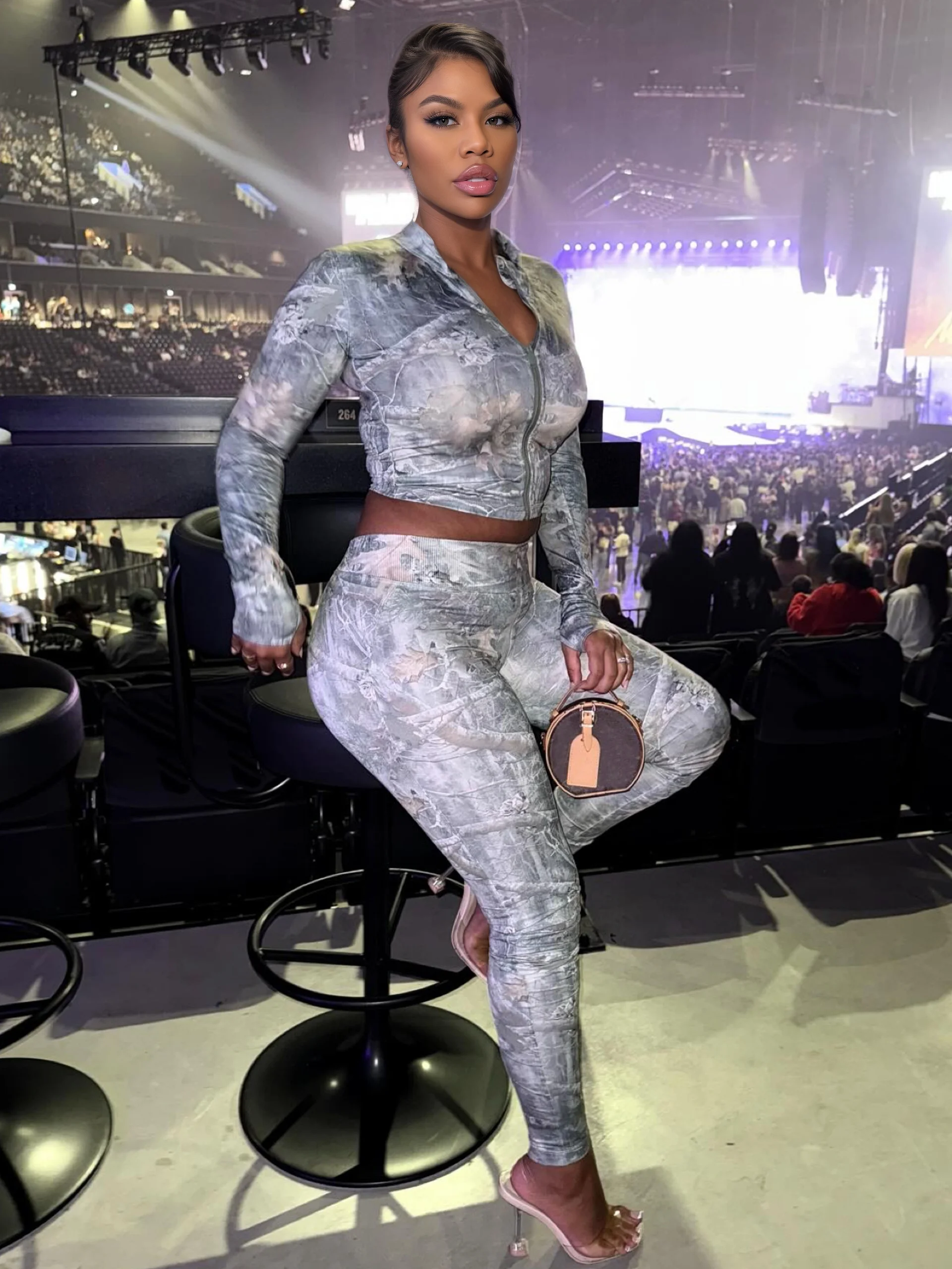 Cutenew Women Tracksuit Chic Twig Print Two Piece Set Tight Stretch Full Sleeve Crop Jacket+Leggings Matching Streetwear Outfits