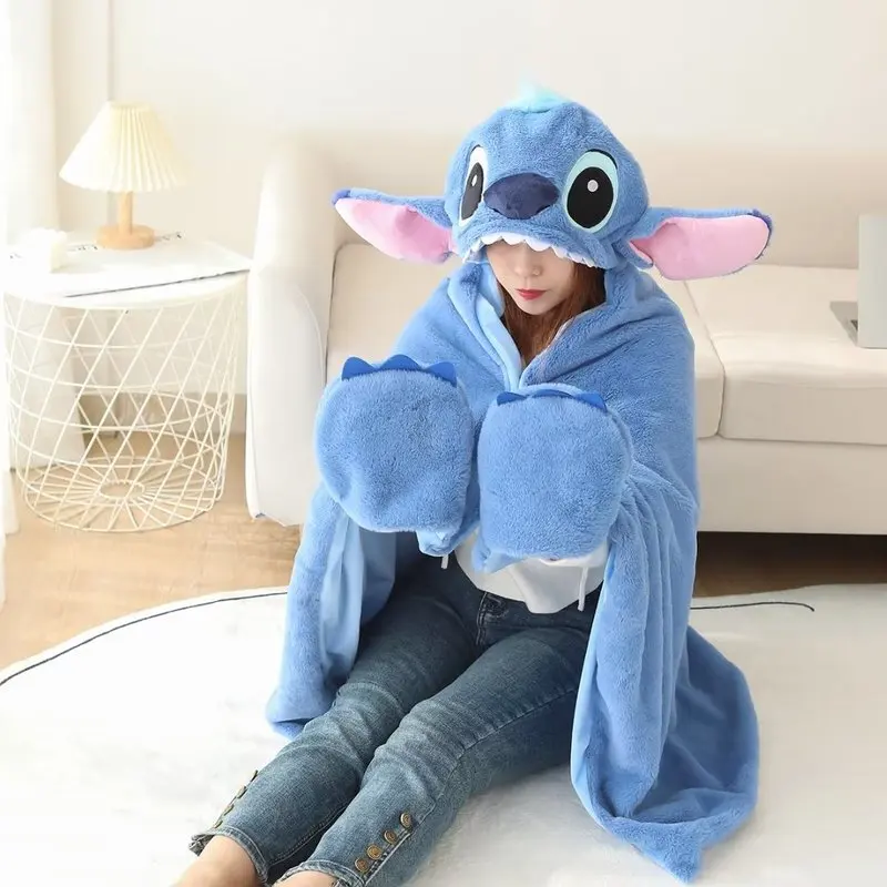 

Stitch Hooded Cloak Blanket Pajamas Cartoon Anime Thickened Big Blanket With Hat Flannel Warm Blanket Student Office Nap Blanket