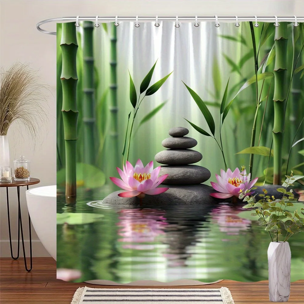 Mejore su baño con esta cortina de ducha impermeable con piedras Zen y flores de loto para un ambiente tranquilo