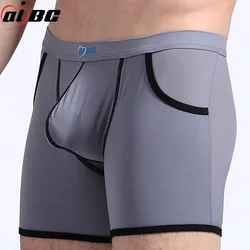 Men's Comfy Boxers Thin Ice Silk Leg Length Panties with Anti-theft Large Pocket Fashionable Quick Drying Breathable Long Shorts