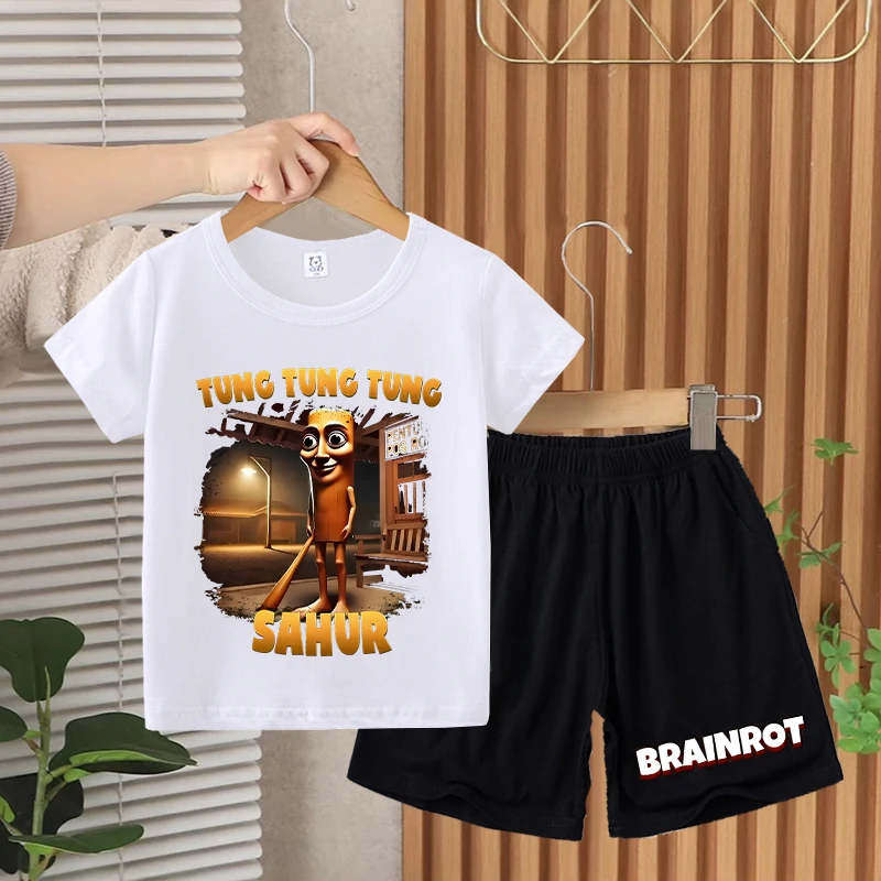 Brainrot italiano crianças camiseta shorts conjunto de algodão verão meninos roupas aniversário presentes moda em torno do pescoço impresso crianças roupas