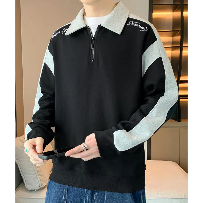 

New Spring and Autumn Fashion Brand Spliced Polo Neck Loose and Handsome Simple Casual Versatile Men's Long Sleeve Sweater