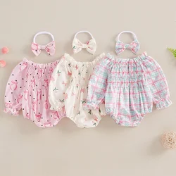 Newborn Baby Girls Rompers Floral/Bowknot Print Long Sleeve Ruffles Pleated Jumpsuits Headband Outfits Newborn Clothes