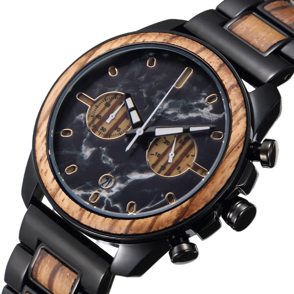 

smvp Watch Marble Dial Chronograph Stainless Steel Wristband Strap es for Men Walnut Wood Unique Wooden Dropshipping