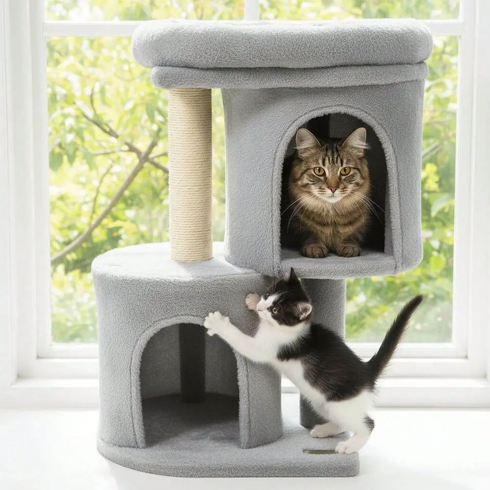 

26 Small Cat Tree With Large Padded Plush Perch, 2 Condos, Sisal ching Posts Light Gray Dark Gray Beige