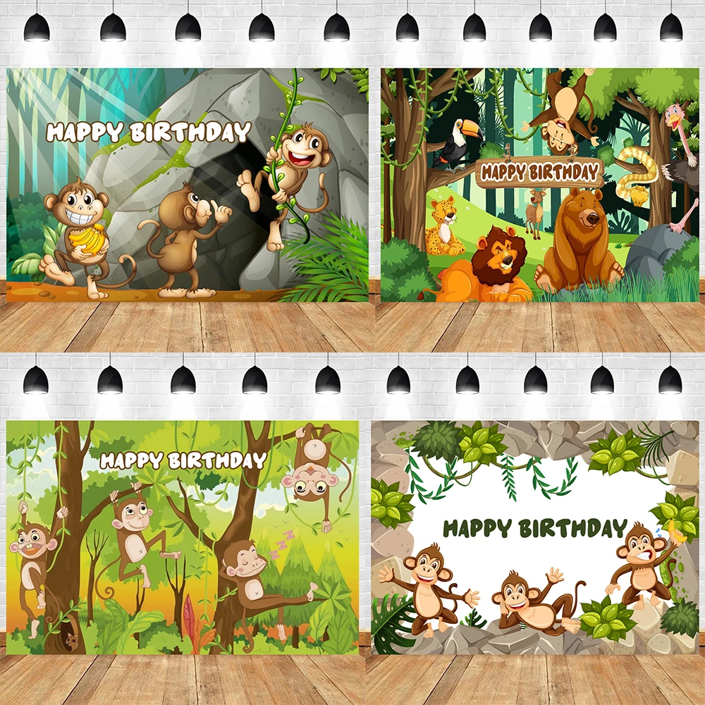 Monkey Theme Birthday Party Baby Shower Green Leaves Bananas Jungle Wild Vinyl Background Baby Shower Kid Room Decor Supplies