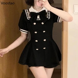 Japanese Gothic Lolita Style Two Piece Set Women Y2k Bow Puff Sleeve Slim Tops Black Shorts Suit Female Korean Elegant Outfits