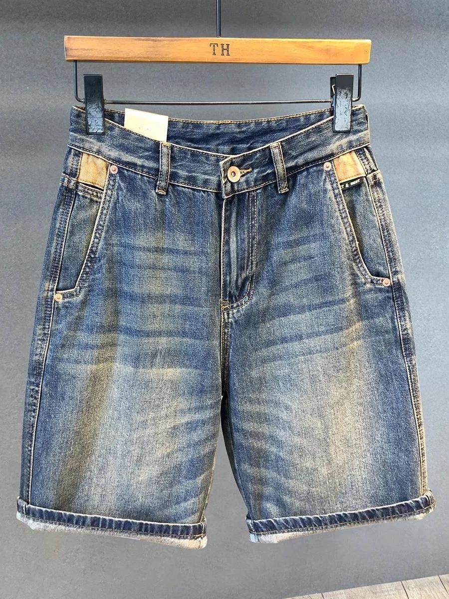 American Retro Men's Denim Shorts Summer Loose Casual Mid-Waist Embroidered Washed Five-Point Pants Straight Leg Loose Fit