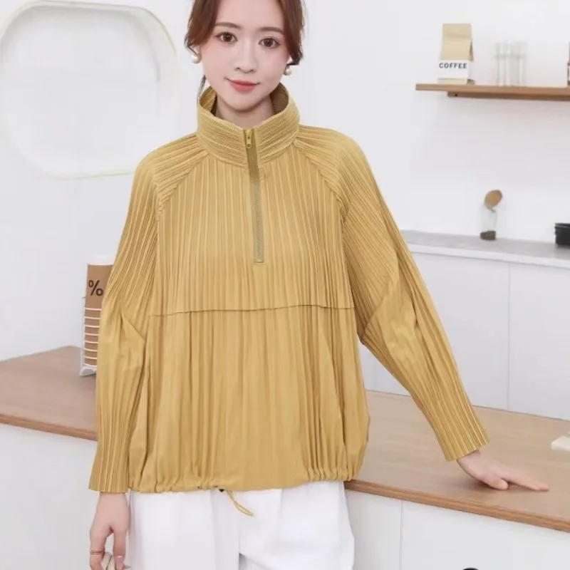 

Miyake оборки осень новый спортивный стиль топ для поездок на работу универсальная женская куртка короткая куртка с длинными рукавами пуловер на молнии свитер