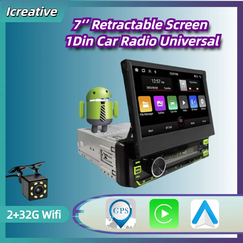 7 \'\'schermo retrattile Autoradio Android 1Din lettore multimediale universale Wireless Carplay Smart Autoradio Wifi navigazione GPS